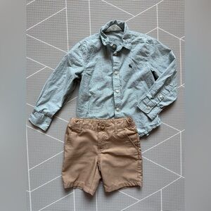 H&M|Baby boy/Toddler pale Blue Button-Up long sleeve Shirt & Khaki Shorts•••4-5T